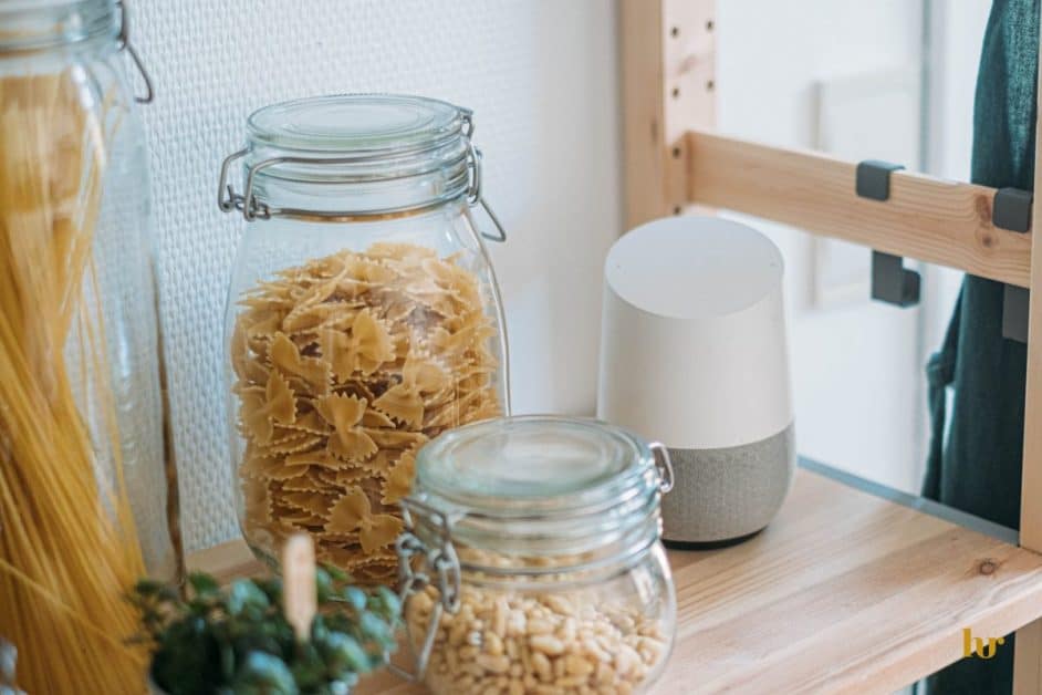 pasta and pine nuts in glass jar