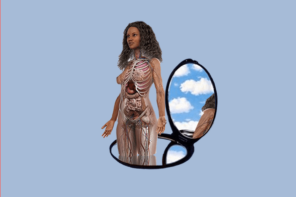 woman emerging from mirror showing our anatomy